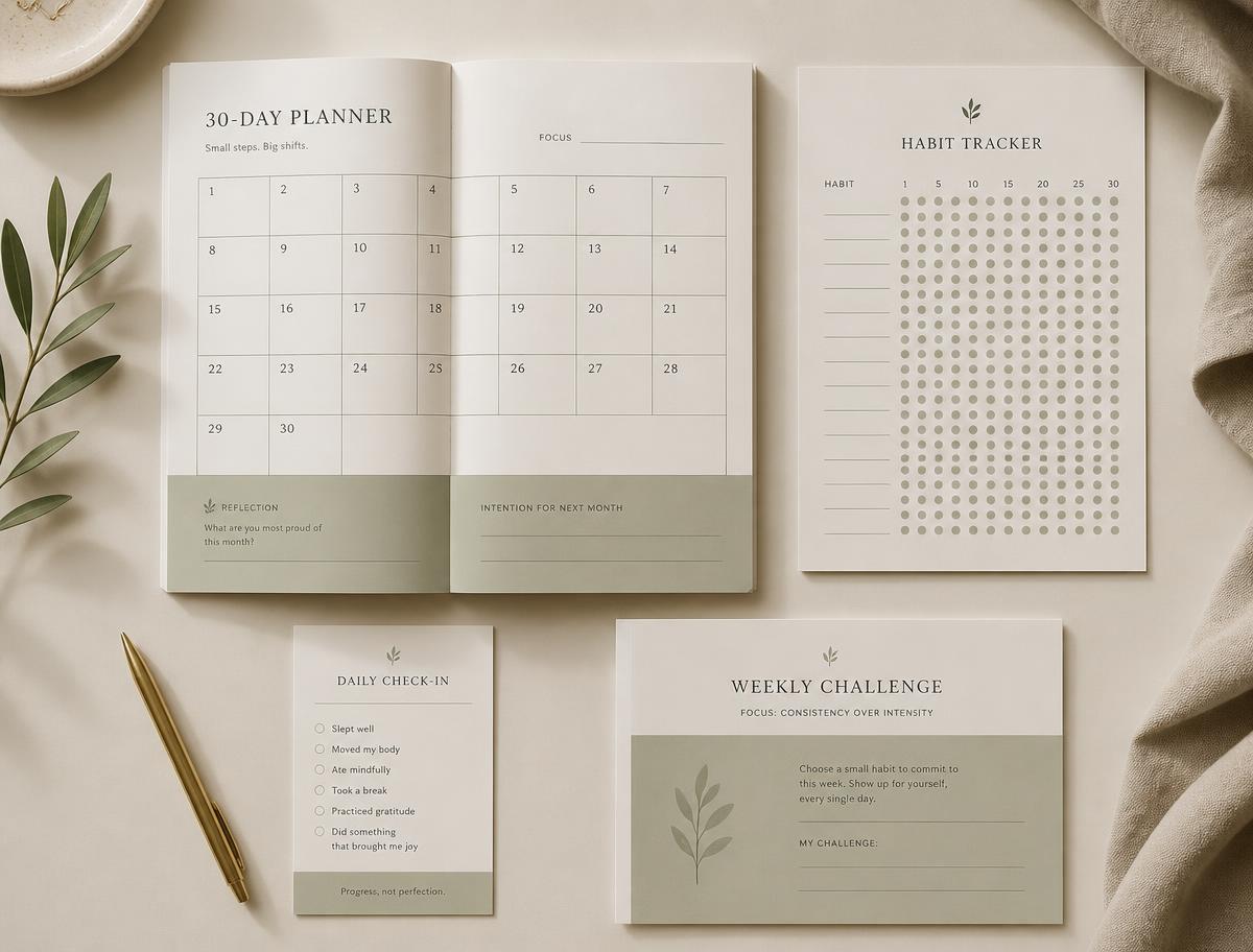 Materiais do Ritmo: planner de 30 dias, rastreador de hábitos, checklist diário e cartão de desafio semanal
